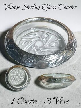 1 -Vintage Sterling Glass Coaster Wavy Repose Leaf Pattern & Swirling Foliate